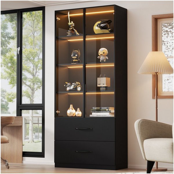 Flieks Vitrine Glasvitrine mit LED-Beleuchtung, glastüren und Schubladen (Maße: B60/T40/H160 cm, 1-St., Schrank für Wohnzimmer, Schlafzimmer, Arbeitszimmer und 