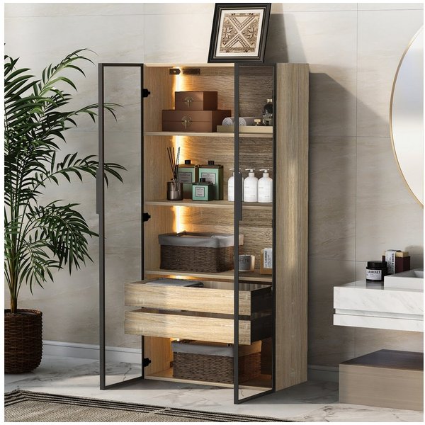 Flieks Vitrine Glasvitrine mit LED-Beleuchtung und 4 Fächern Hochschrank (1-St., B74/T36/H155 cm) Wohnzimmerschrank mit Schubladen und Glastüren Sammlervitrine