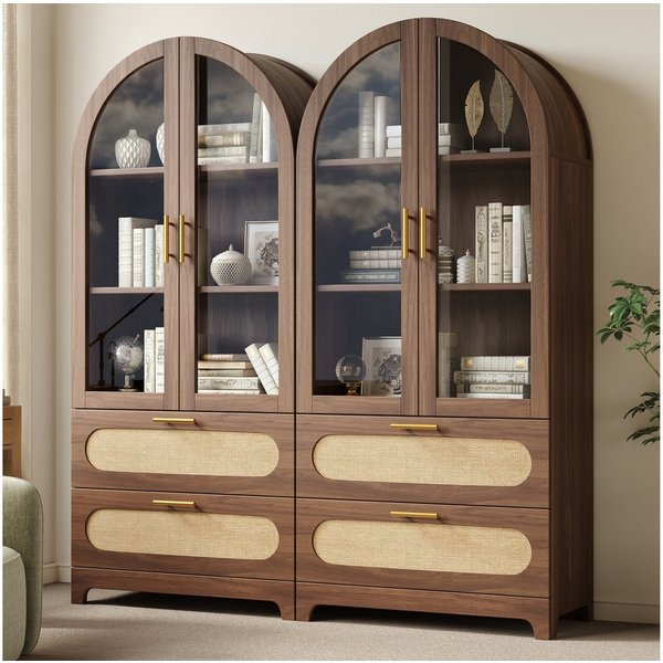 Flieks Vitrine Glasvitrine Montmartre-Bogen in Retro-Design Walnussholzfarbe/Natur (Mehrzweckschrank mit verstellbaren Einlegeböden, 2-St., H175xB80xT40cm) Hoch