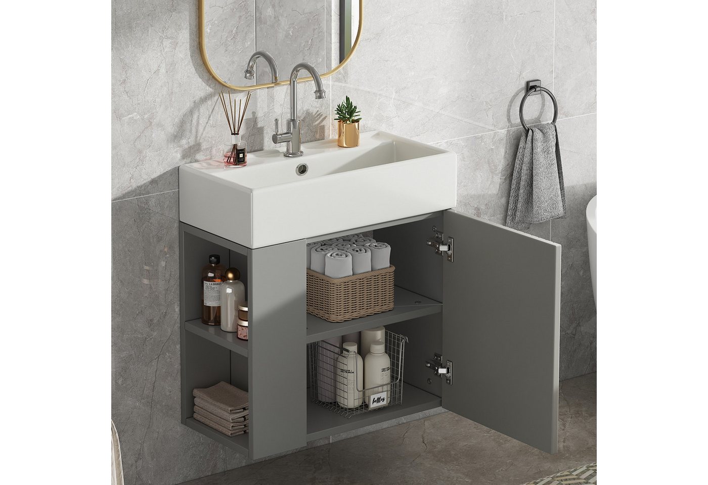 Flieks Waschtisch (1-St., Badschrank Badezimmermöbel wandhängend), Waschbeckenunterschrank mit Waschbecken Badmöbel in Breite 55 cm – Bild 2 von 5