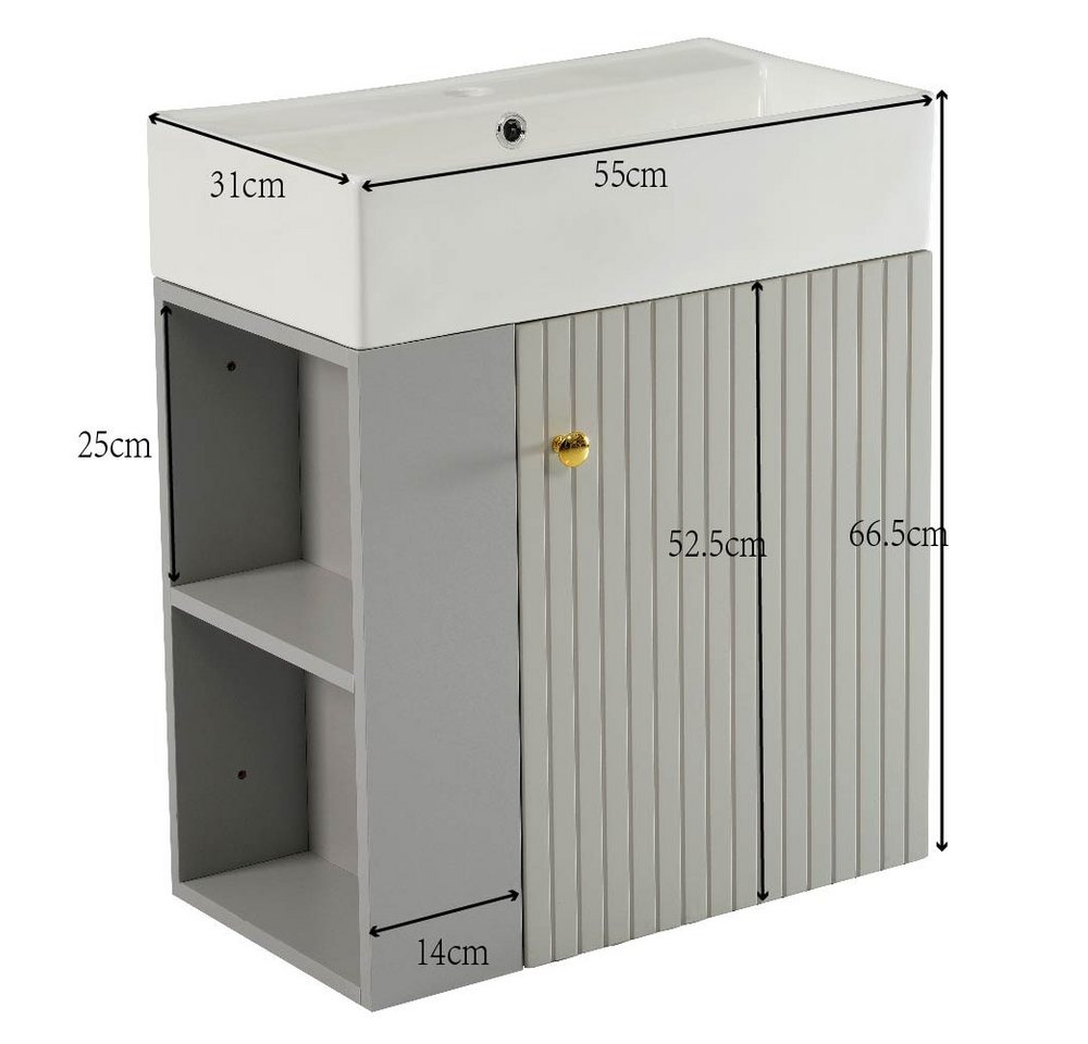 Flieks Waschtisch (1-St., Badschrank Badezimmermöbel wandhängend), Waschbeckenunterschrank mit Waschbecken Badmöbel in Breite 55 cm – Bild 5 von 5