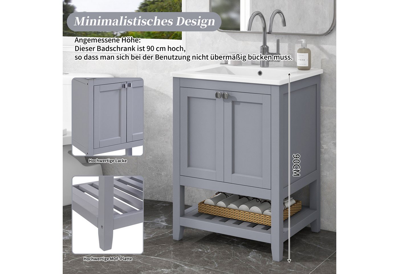 Flieks Waschtisch (1-St), Badezimmerschrank mit Waschbecken, Badmöbel in Breite 60 cm – Bild 5 von 5