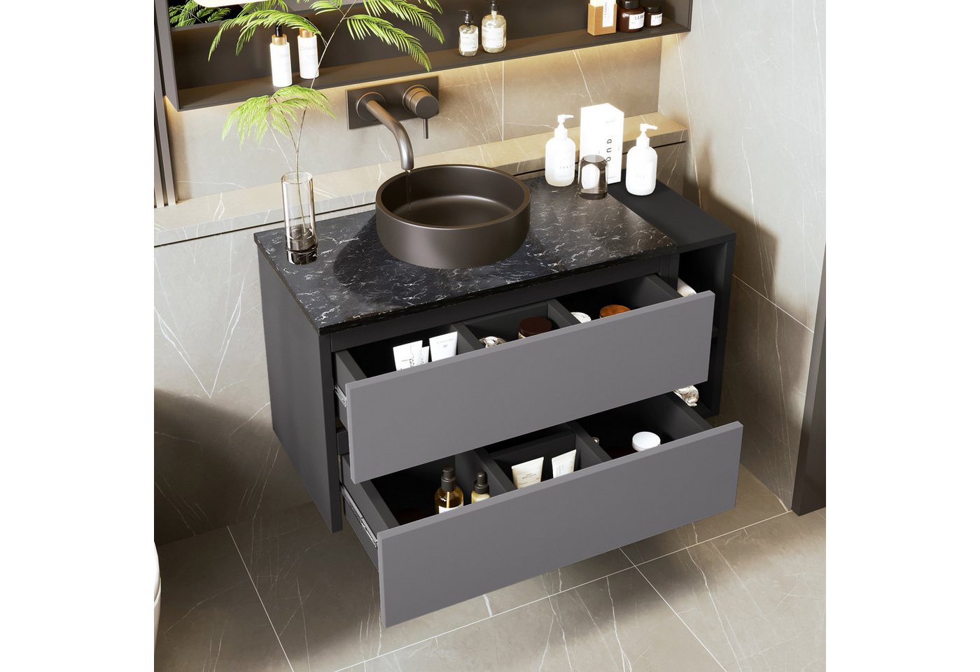 Flieks Waschtisch (1-St., Badschrank Waschplatz mit 2 Schubladen), Waschbeckenunterschrank mit Waschbecken Badmöbel in Breite 80 cm – Bild 2 von 5