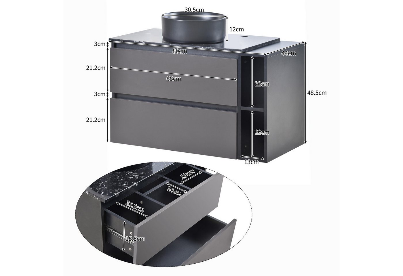 Flieks Waschtisch (1-St., Badschrank Waschplatz mit 2 Schubladen), Waschbeckenunterschrank mit Waschbecken Badmöbel in Breite 80 cm – Bild 4 von 5