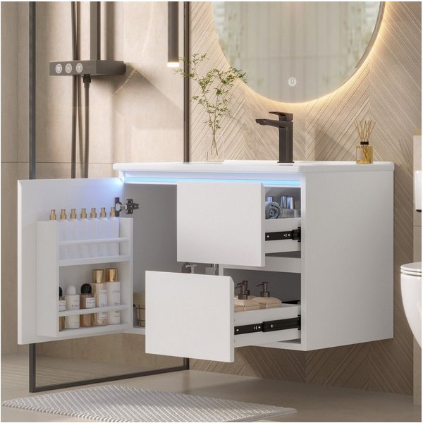 Flieks Waschtisch LED-Radarsensor-Beleuchtung Waschbeckenunterschrank inkl. Waschbecken (wandhängend, Badschrank mit Led-Beleuchtung Waschplatz Badezimmer, 1-St