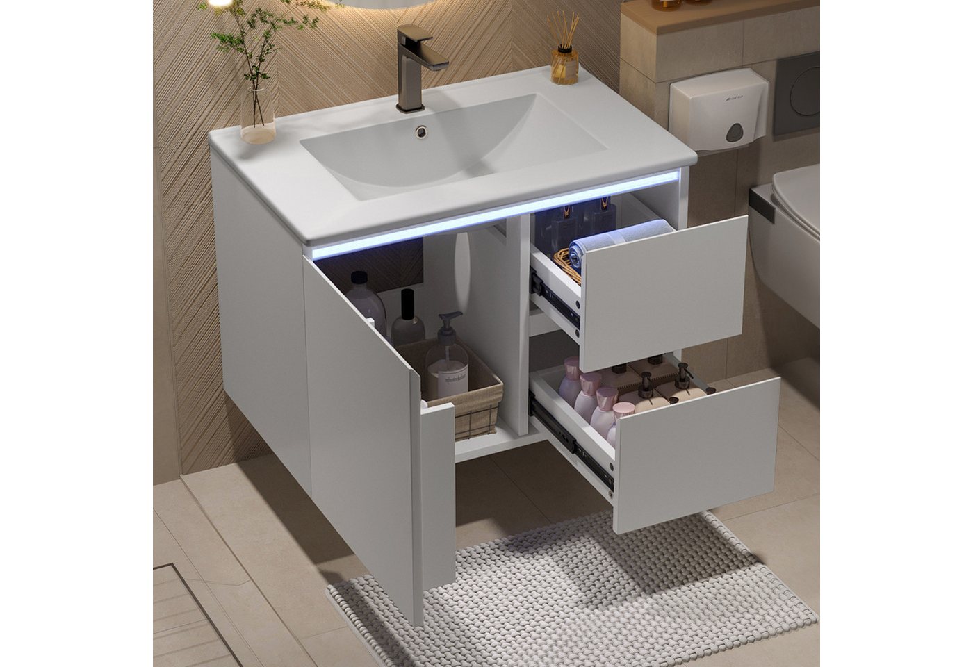 Flieks Waschtisch LED-Radarsensor-Beleuchtung Waschbeckenunterschrank inkl. Waschbecken (wandhängend, Badschrank mit Led-Beleuchtung Waschplatz Badezimmer, 1-St – Bild 3 von 5