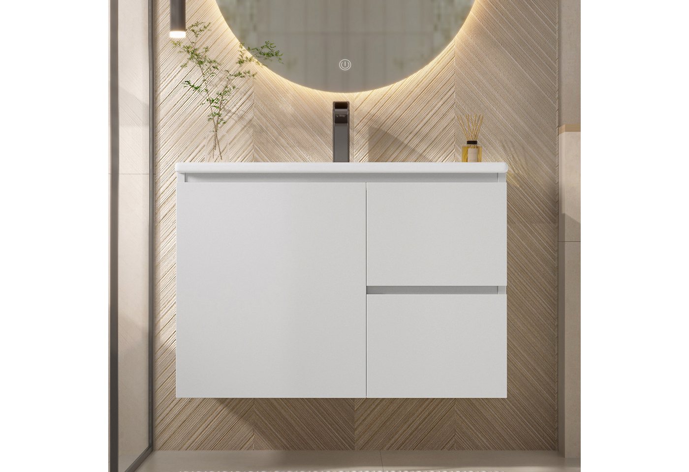 Flieks Waschtisch LED-Radarsensor-Beleuchtung Waschbeckenunterschrank inkl. Waschbecken (wandhängend, Badschrank mit Led-Beleuchtung Waschplatz Badezimmer, 1-St – Bild 4 von 5