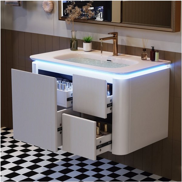 Flieks Waschtisch LED-Radarsensor Waschbeckenunterschrank inkl. Waschbecken (wandhängend, Badschrank mit Led-Beleuchtung Waschplatz Badzimmer, 1-St., B80,5xT47,