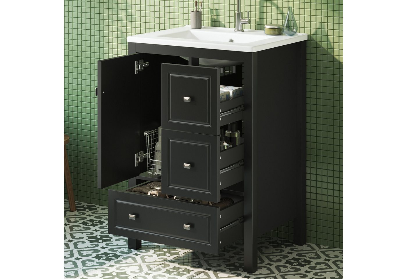 Flieks Waschtisch mit 3 Schubladen, bodenstehend Waschbeckenunterschrank mit Waschbecken (B62/T47/H90 cm, 1-St), Badezimmerschrank mit Keramikbecken Badmöbel Vo – Bild 2 von 5