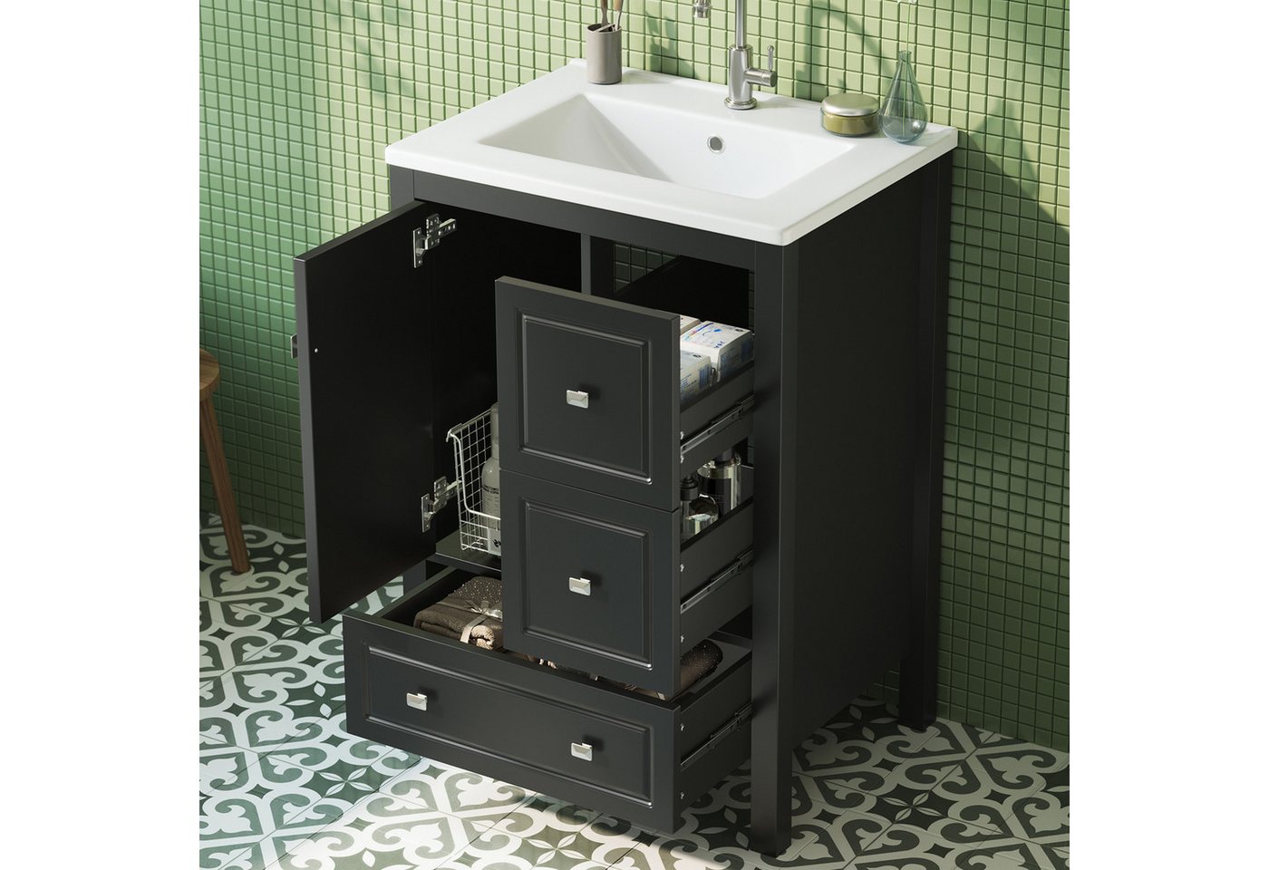 Flieks Waschtisch mit 3 Schubladen, bodenstehend Waschbeckenunterschrank mit Waschbecken (B62/T47/H90 cm, 1-St), Badezimmerschrank mit Keramikbecken Badmöbel Vo – Bild 4 von 5
