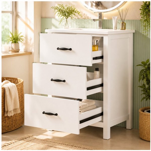 Flieks Waschtisch mit 3 Schubladen, Waschbeckenunterschrank inkl. Keramik-Waschbecken (61,3x46,5x82,5 cm, 1-St), freistehend Badezimmerschrank mit Keramikbecken
