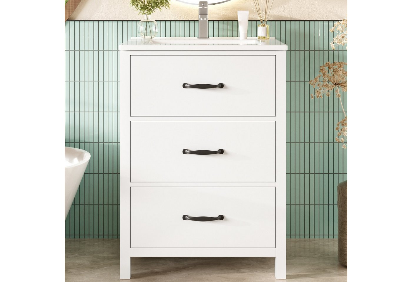 Flieks Waschtisch mit 3 Schubladen, Waschbeckenunterschrank inkl. Keramik-Waschbecken (61,3x46,5x82,5 cm, 1-St), freistehend Badezimmerschrank mit Keramikbecken – Bild 2 von 5