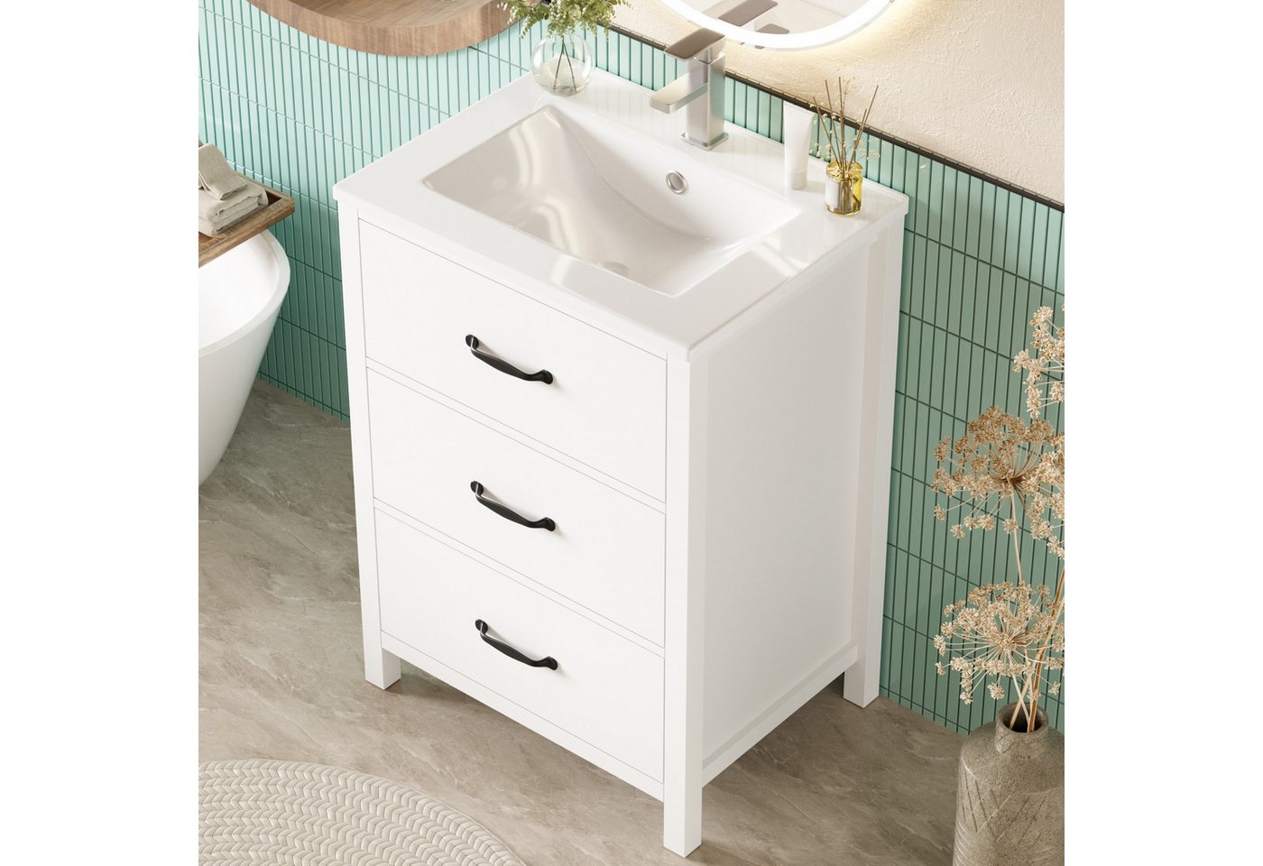 Flieks Waschtisch mit 3 Schubladen, Waschbeckenunterschrank inkl. Keramik-Waschbecken (61,3x46,5x82,5 cm, 1-St), freistehend Badezimmerschrank mit Keramikbecken – Bild 3 von 5