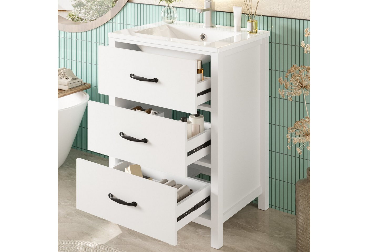 Flieks Waschtisch mit 3 Schubladen, Waschbeckenunterschrank inkl. Keramik-Waschbecken (61,3x46,5x82,5 cm, 1-St), freistehend Badezimmerschrank mit Keramikbecken – Bild 4 von 5