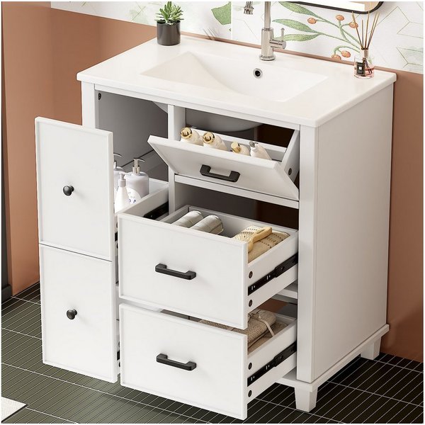 Flieks Waschtisch mit 4 Schubladen & 1 Klappen Waschbeckenunterschrank mit Waschbecken (B76,5/T47/H83,5 cm, 1-St., bodenstehend, geräuscharme Gleitschienen), Ba