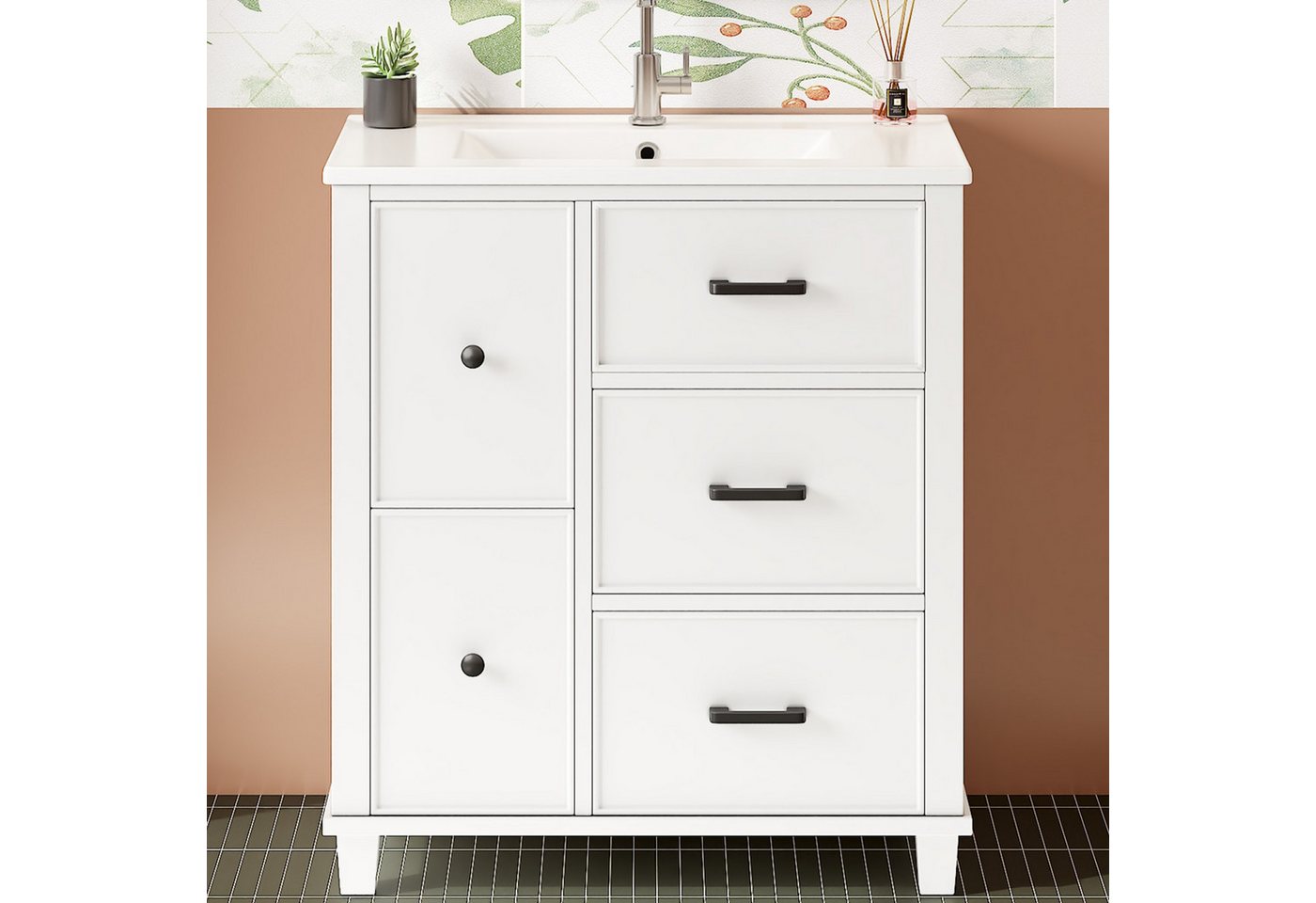 Flieks Waschtisch mit 4 Schubladen & 1 Klappen Waschbeckenunterschrank mit Waschbecken (B76,5/T47/H83,5 cm, 1-St., bodenstehend, geräuscharme Gleitschienen), Ba – Bild 3 von 5