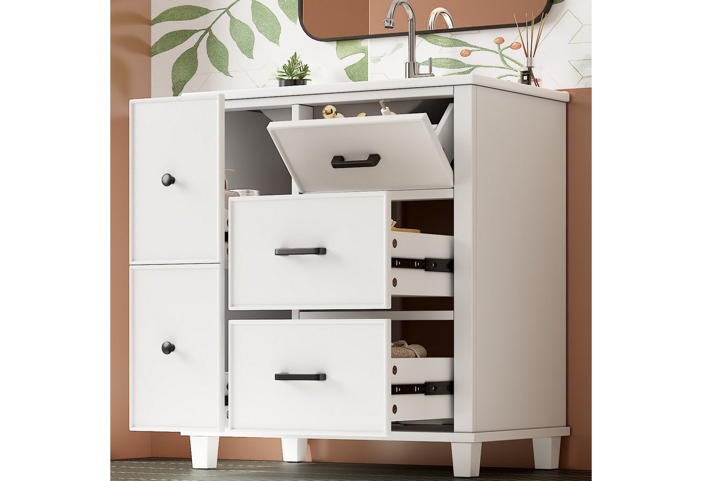 Flieks Waschtisch mit 4 Schubladen & 1 Klappen Waschbeckenunterschrank mit Waschbecken (B76,5/T47/H83,5 cm, 1-St., bodenstehend, geräuscharme Gleitschienen), Ba – Bild 4 von 5