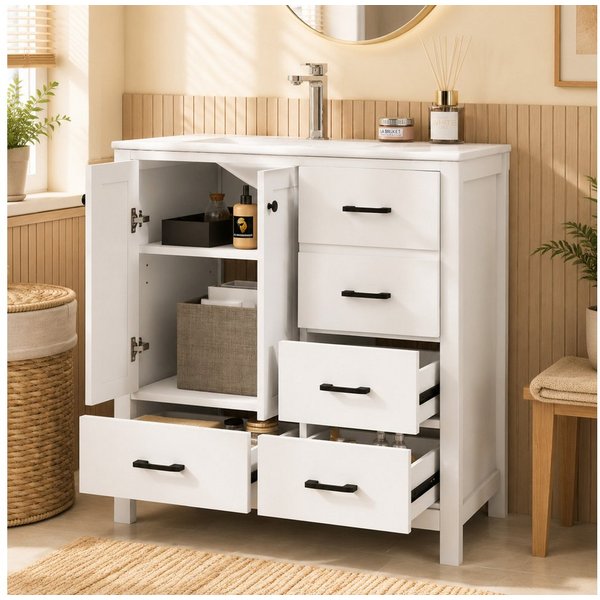 Flieks Waschtisch mit 4 Schubladen, bodenstehend Waschbeckenunterschrank mit Waschbecken (B76/T46/H82 cm, 1-St., bodenstehend, Badschrank Badzimmerschrank Volll