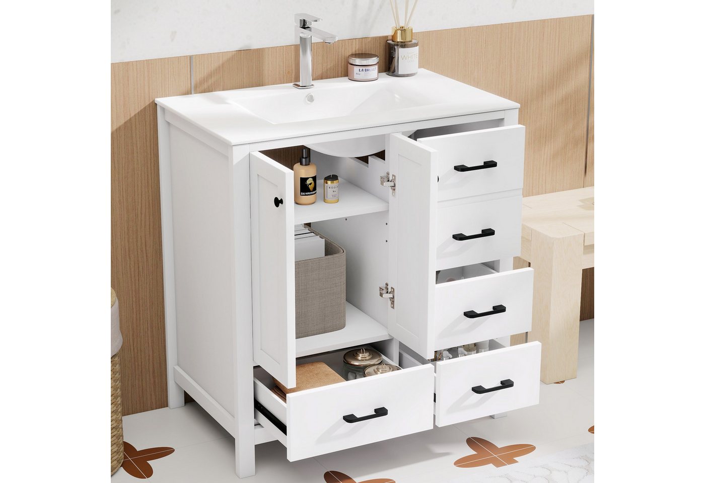 Flieks Waschtisch mit 4 Schubladen, bodenstehend Waschbeckenunterschrank mit Waschbecken (B76/T46/H82 cm, 1-St., bodenstehend, Badschrank Badzimmerschrank Volll – Bild 2 von 5