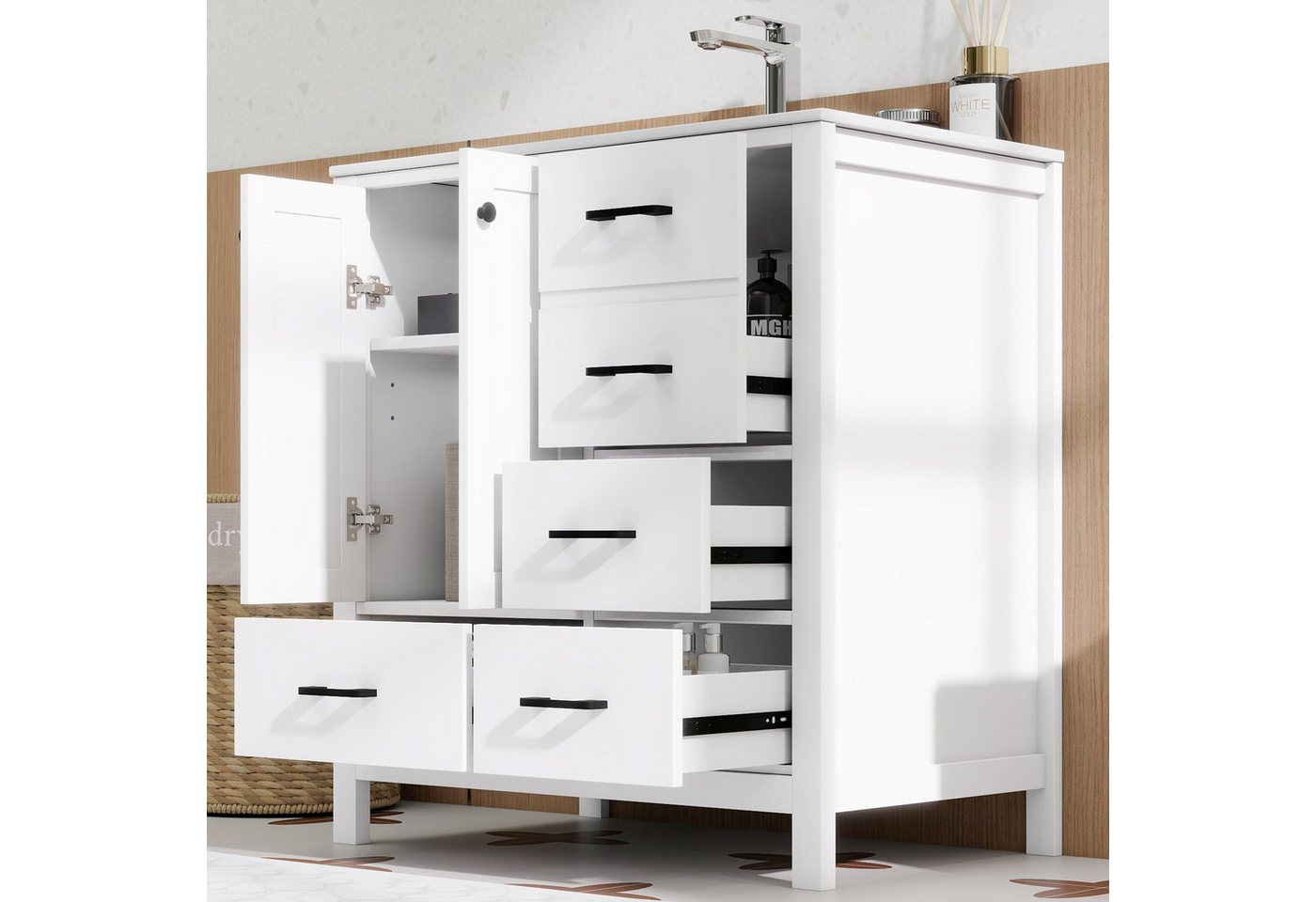 Flieks Waschtisch mit 4 Schubladen, bodenstehend Waschbeckenunterschrank mit Waschbecken (B76/T46/H82 cm, 1-St., bodenstehend, Badschrank Badzimmerschrank Volll – Bild 4 von 5