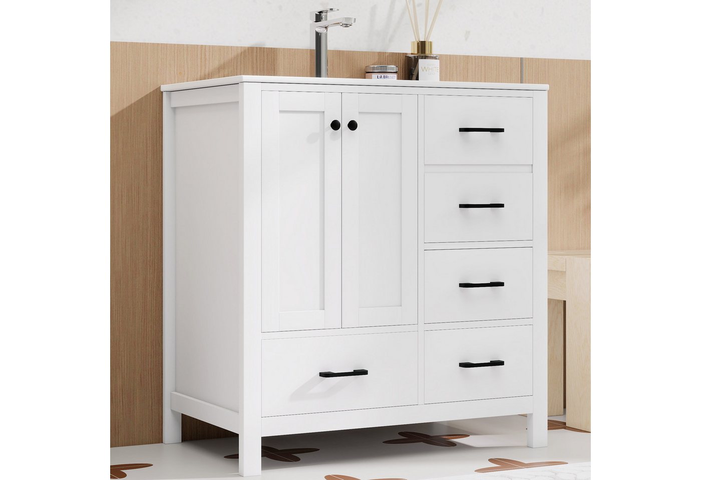 Flieks Waschtisch mit 4 Schubladen, bodenstehend Waschbeckenunterschrank mit Waschbecken (B76/T46/H82 cm, 1-St., bodenstehend, Badschrank Badzimmerschrank Volll – Bild 5 von 5