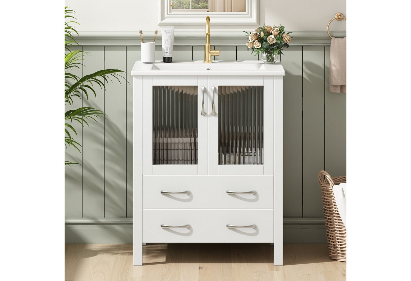 Flieks Waschtisch mit Glastüren & Schubladen, Waschbeckenunterschrank mit Waschbecken (B61/T47/H86 cm, 1-St., Badschrank mit silbernen Metallgriffen), bodensteh – Bild 2 von 5