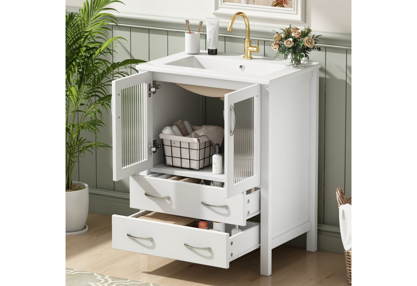 Flieks Waschtisch mit Glastüren & Schubladen, Waschbeckenunterschrank mit Waschbecken (B61/T47/H86 cm, 1-St., Badschrank mit silbernen Metallgriffen), bodensteh – Bild 3 von 5
