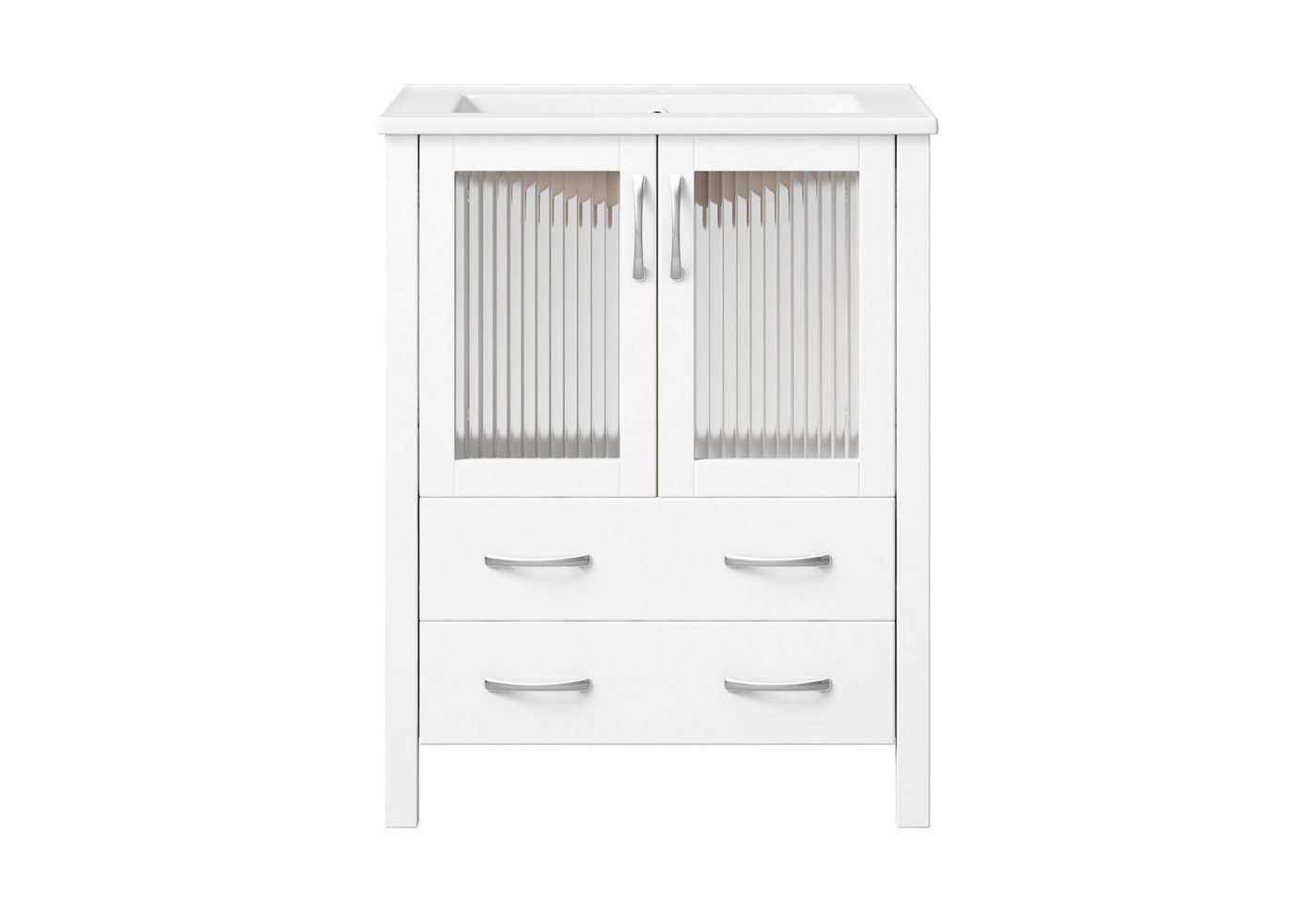 Flieks Waschtisch mit Glastüren & Schubladen, Waschbeckenunterschrank mit Waschbecken (B61/T47/H86 cm, 1-St., Badschrank mit silbernen Metallgriffen), bodensteh – Bild 4 von 5