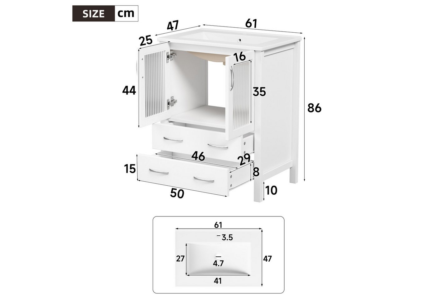 Flieks Waschtisch mit Glastüren & Schubladen, Waschbeckenunterschrank mit Waschbecken (B61/T47/H86 cm, 1-St., Badschrank mit silbernen Metallgriffen), bodensteh – Bild 5 von 5