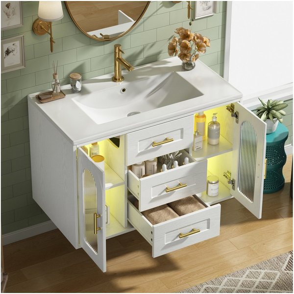 Flieks Waschtisch mit Led-Beleuchtung Waschbeckenunterschrank inkl. Waschbecken (B76/T46/H55 cm, 1-St., wandhängender Badschrank mit verstellbarer Einlegeböden)