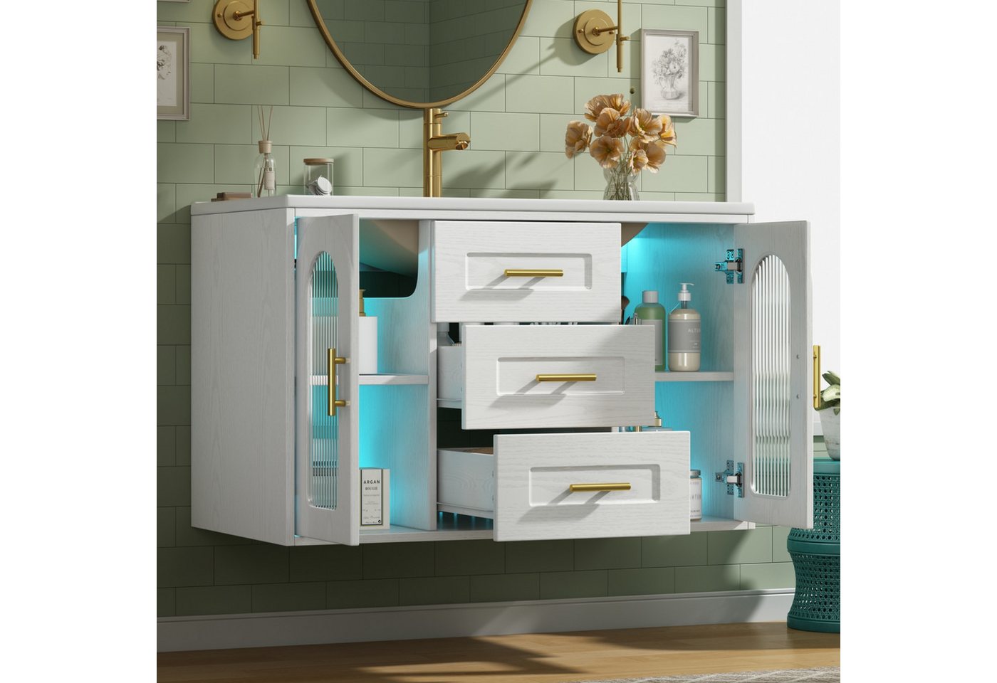 Flieks Waschtisch mit Led-Beleuchtung Waschbeckenunterschrank inkl. Waschbecken (B76/T46/H55 cm, 1-St., wandhängender Badschrank mit verstellbarer Einlegeböden) – Bild 3 von 5