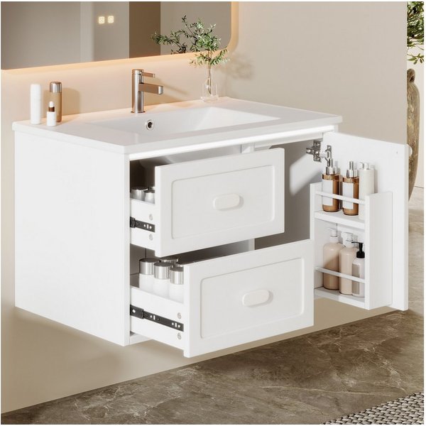 Flieks Waschtisch mit LED-Radarsensor Waschbeckenunterschrank inkl. Waschbecken (B76/T46/H51 cm, 1-St., wandhängend, Volllackierung Badschrank mit Led-Beleuchtu