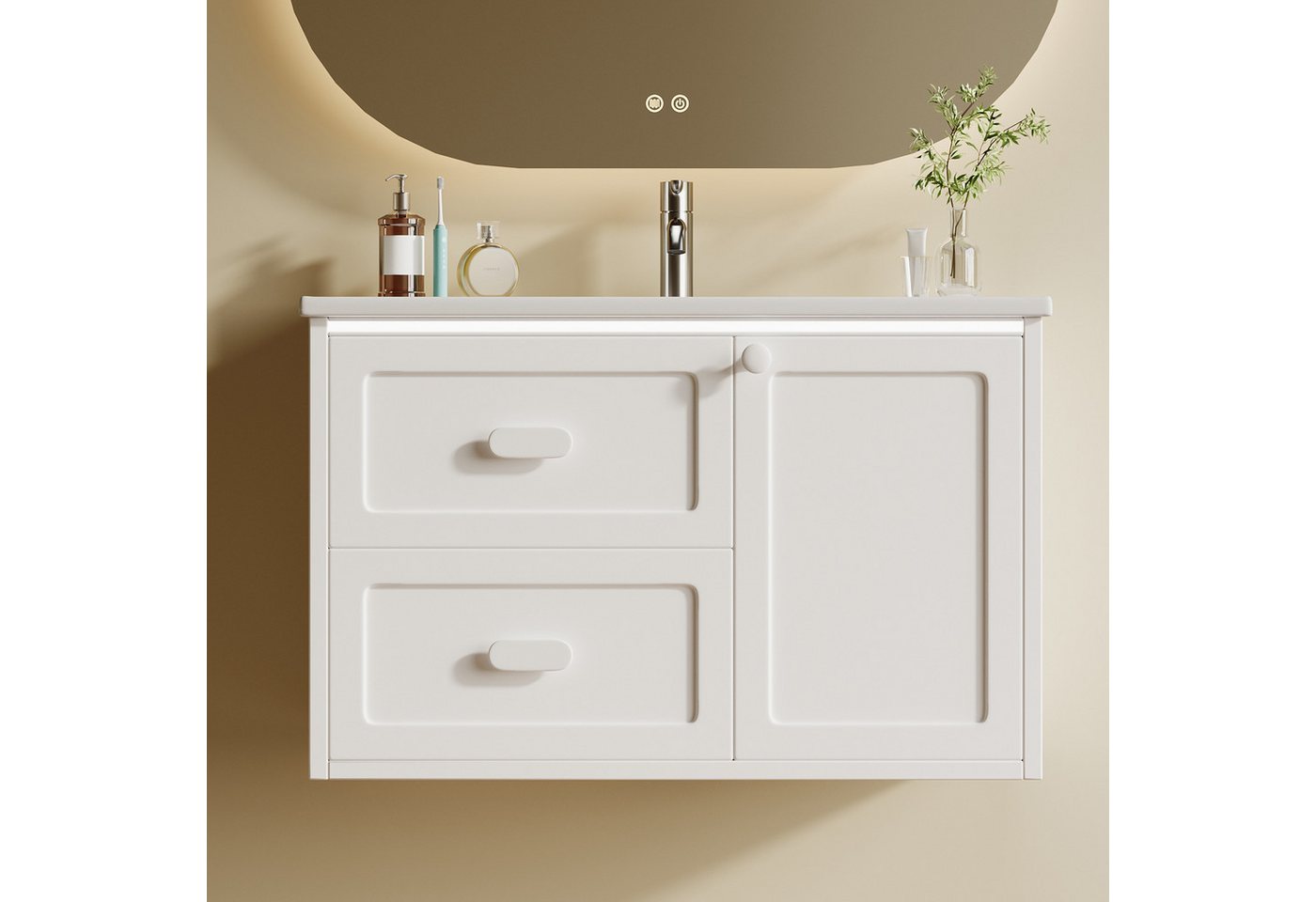 Flieks Waschtisch mit LED-Radarsensor Waschbeckenunterschrank inkl. Waschbecken (B76/T46/H51 cm, 1-St., wandhängend, Volllackierung Badschrank mit Led-Beleuchtu – Bild 2 von 5