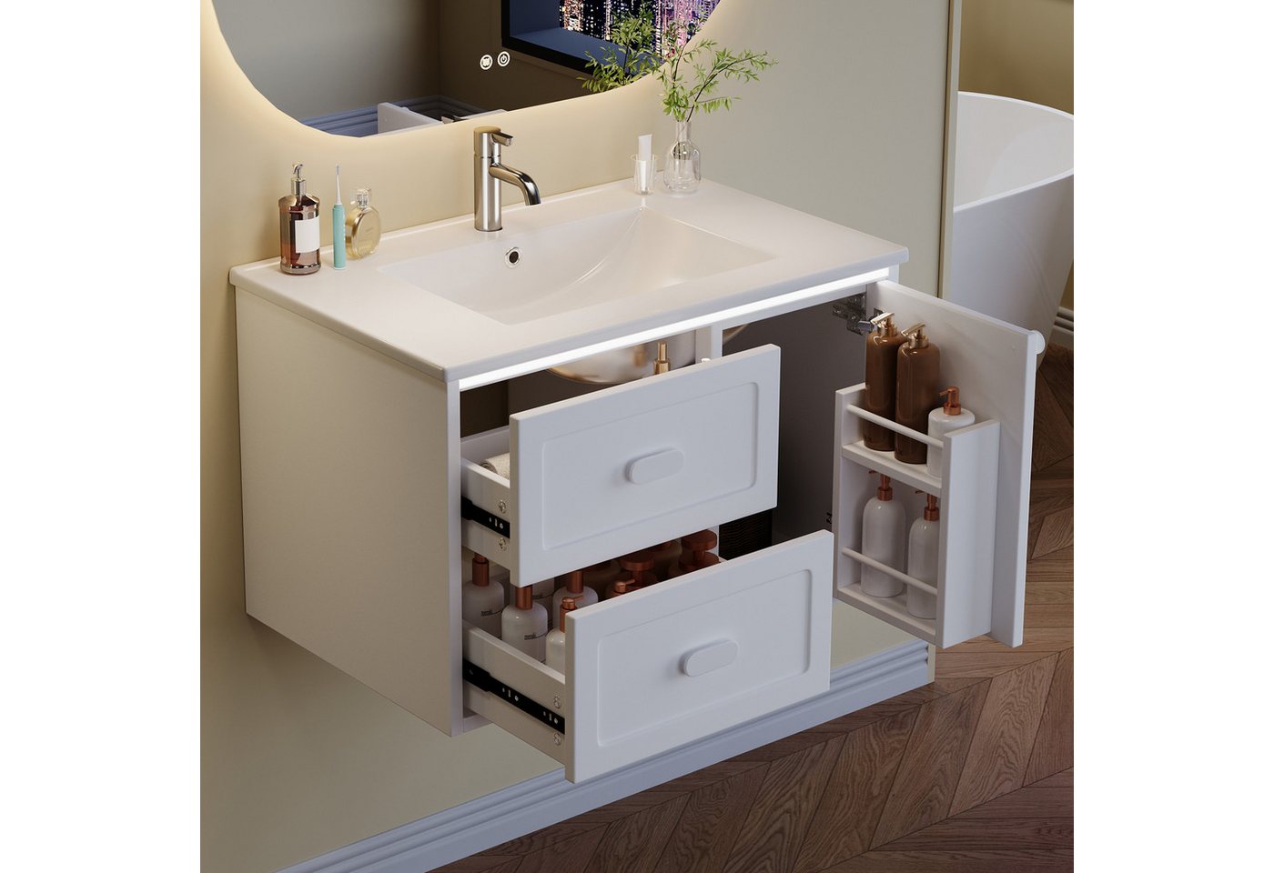 Flieks Waschtisch mit LED-Radarsensor Waschbeckenunterschrank inkl. Waschbecken (B76/T46/H51 cm, 1-St., wandhängend, Volllackierung Badschrank mit Led-Beleuchtu – Bild 3 von 5
