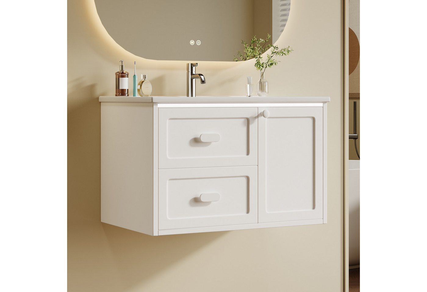 Flieks Waschtisch mit LED-Radarsensor Waschbeckenunterschrank inkl. Waschbecken (B76/T46/H51 cm, 1-St., wandhängend, Volllackierung Badschrank mit Led-Beleuchtu – Bild 4 von 5