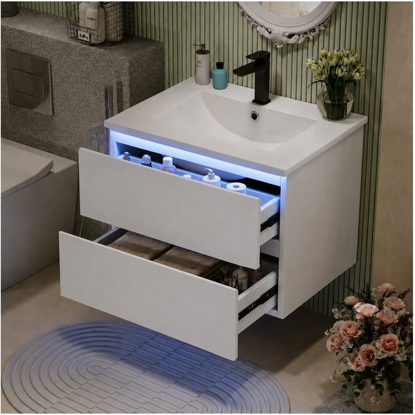 Flieks Waschtisch mit LED-Radarsensor Waschbeckenunterschrank inkl. Waschbecken (B61/T46/H45 cm, Volllackierung, 1-St., wandhängend, Badschrank mit Led-Beleucht