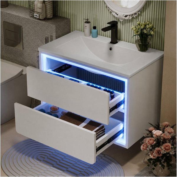 Flieks Waschtisch mit LED-Radarsensor Waschbeckenunterschrank inkl. Waschbecken (2 geräuschlose Schubladen, B76/T46/H48,5 cm, 1-St., wandhängend, Badschrank mit