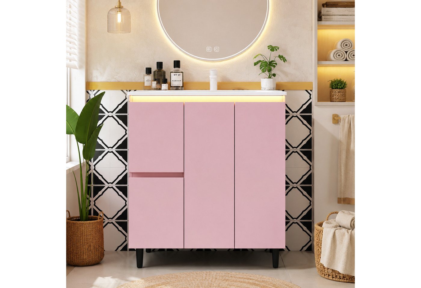 Flieks Waschtisch mit LED-Radarsensor Waschbeckenunterschrank inkl. Waschbecken (B76/T47/H89 cm, 1-St., Badeschrank mit Led-Beleuchtung, Soft-Close-Funktion, ho – Bild 3 von 5