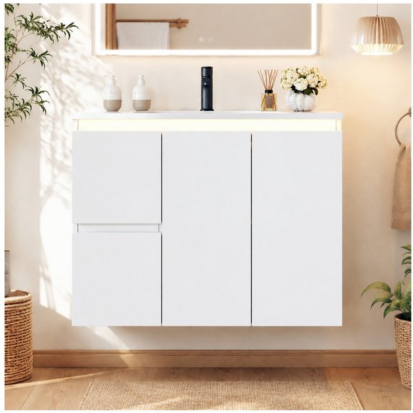 Flieks Waschtisch mit LED-Radarsensor Waschbeckenunterschrank inkl. Waschbecken (wandhängend, Badschrank mit verstellbarer Ablagen, Led-Beleuchtung, Soft-Close-