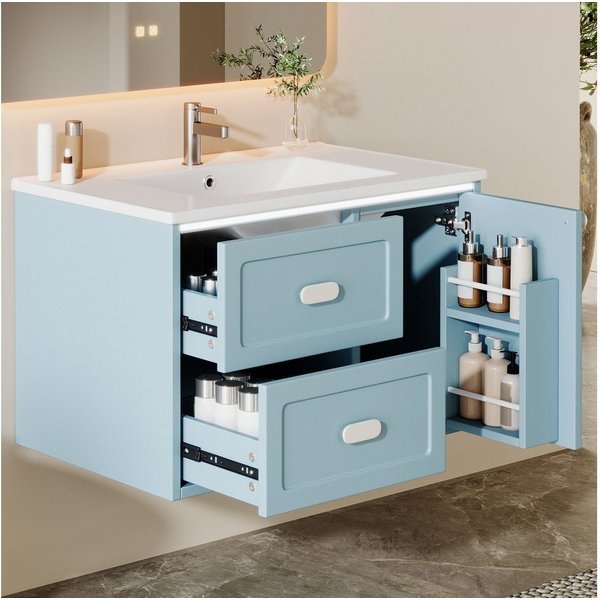 Flieks Waschtisch mit LED-Radarsensor Waschbeckenunterschrank inkl. Waschbecken (B76/T46/H51 cm, 1-St., wandhängend, Volllackierung Badschrank mit Led-Beleuchtu