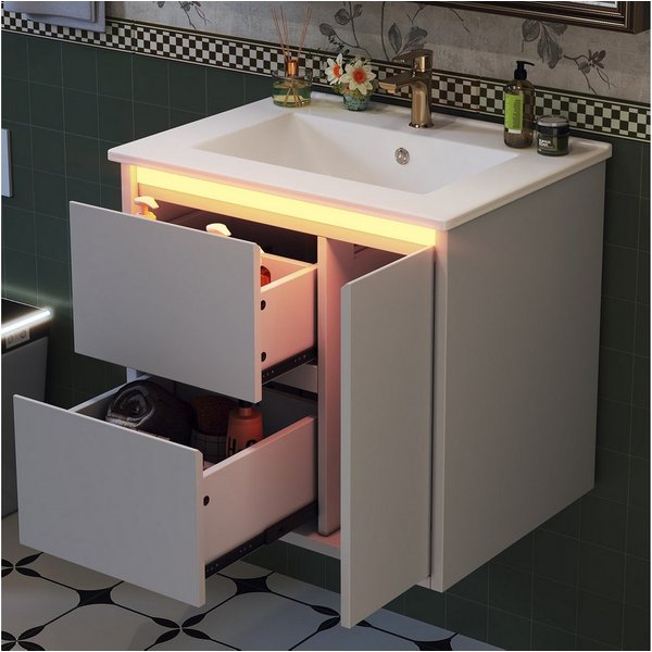 Flieks Waschtisch mit LED-Radarsensor Waschbeckenunterschrank inkl. Waschbecken (wandhängend, Badschrank mit Led-Beleuchtung Waschplatz Badezimmer, 1-St., B61xT