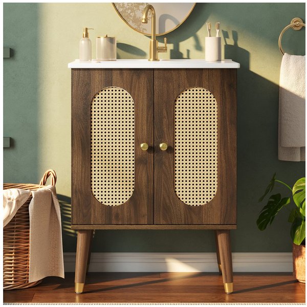 Flieks Waschtisch mit Rattantüren und 2 Fächern, Waschbeckenunterschrank mit Waschbecken (B61/T47/H89 cm, 1-St., bodenstehend, Holzfüßen mit Goldkappen, Landhau