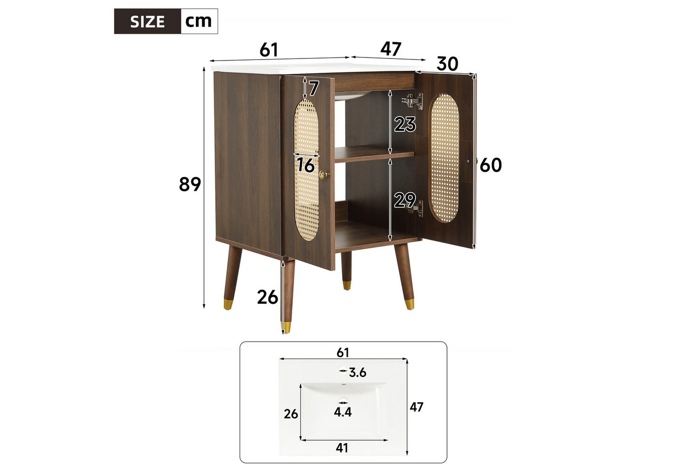 Flieks Waschtisch mit Rattantüren und 2 Fächern, Waschbeckenunterschrank mit Waschbecken (B61/T47/H89 cm, 1-St., bodenstehend, Holzfüßen mit Goldkappen, Landhau – Bild 5 von 5