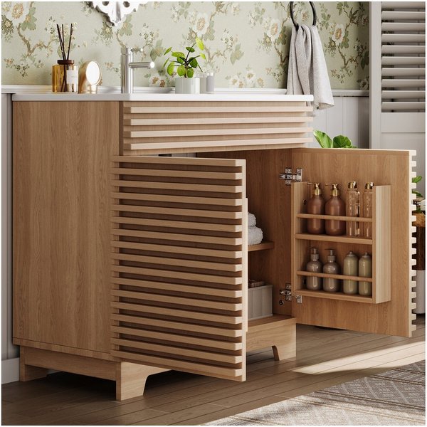 Flieks Waschtisch Waschbeckenunterschrank mit eingebauten Regalen & 3D-Horizontalstreben (91x46x80 cm, Holzoptik, 1-St., bodenstehend, Badezimmer Doppeltürschra