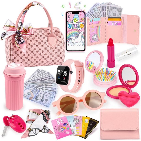 Flintry Kreativset 32-teilige Kleinkind, Kinder-Make-up-Set, Make-up-Spielzeug, Spielzeug-Geldbörse für Mädchen: Handtasche, Handy, Uhr, Schal