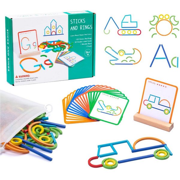 Flintry Lernspielzeug Konstruktionsspiel mit Stäben und Ringen in Puzzleform,Holzstapelspiel, Montessori-Spielzeug,Holz-Lernspiel zum Bauen von Buchstaben