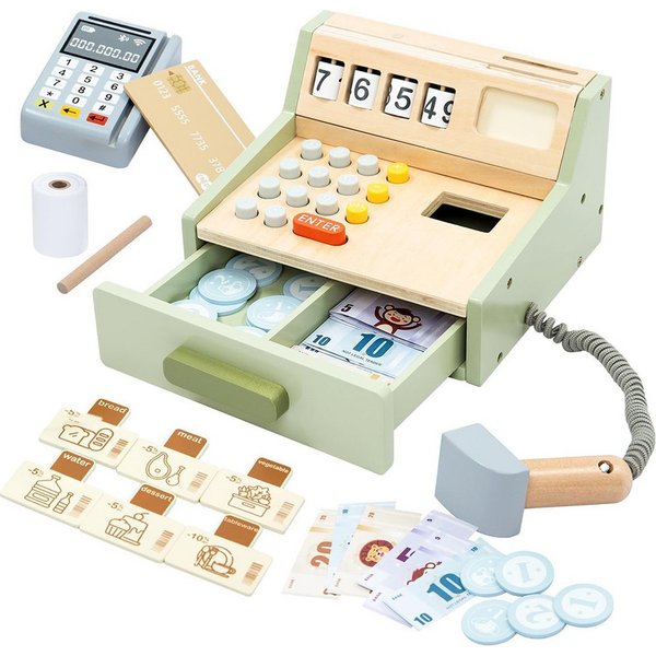 Flintry Spielkasse Holz-Kassenset, Lernspielzeug aus mit Spielgeld,für Kinder ab 3 Jahren, mit Spielgeld, Münzen, Bankkarte und Kaufladen Zubehör