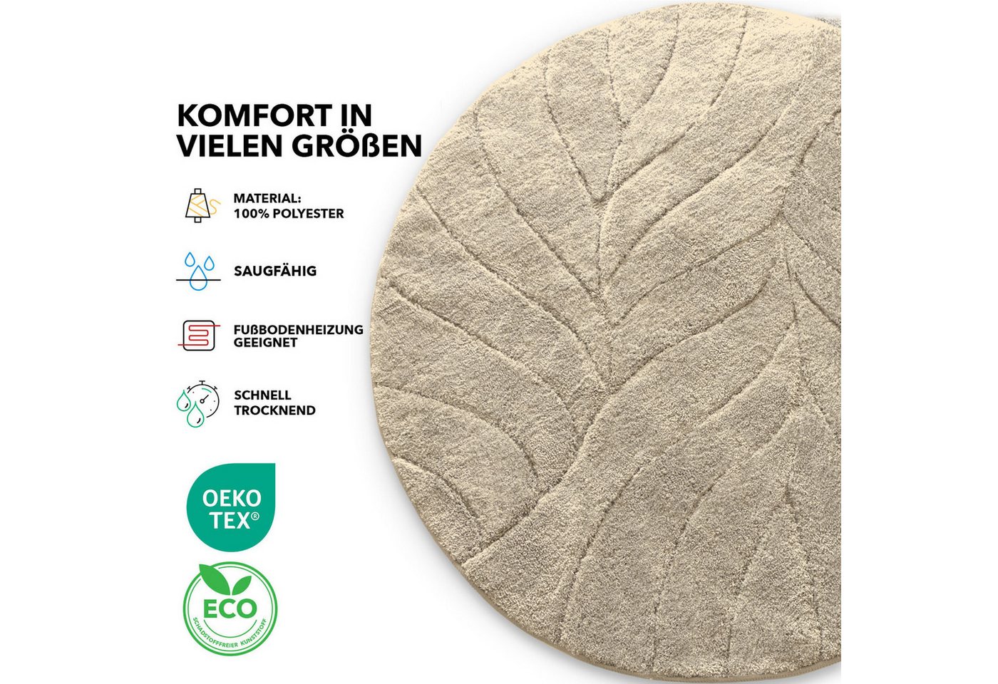 Floordirekt Badematte Maris, ausfranssicher, verschiedene Farben, aus weicher Mikrofaser, Höhe 15 mm, rutschhemmend beschichtet, fusselfrei, Polyester, Rund, 12 – Bild 3 von 5