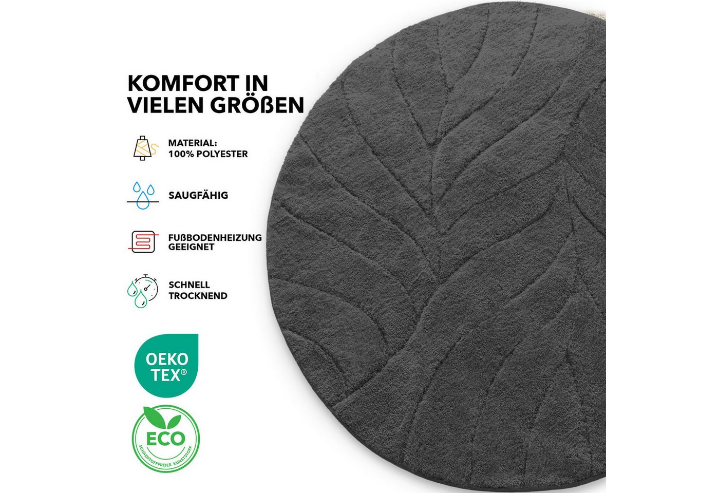 Floordirekt Badematte Maris, ausfranssicher, verschiedene Farben, aus weicher Mikrofaser, Höhe 15 mm, rutschhemmend beschichtet, fusselfrei, Polyester, Rund, 12 – Bild 3 von 5