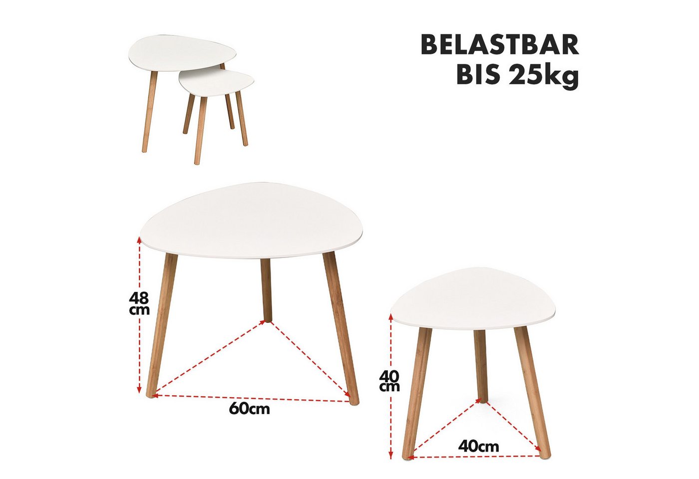 Floordirekt Couchtisch Oregon, Beistelltisch weiß, Bambus & MDF Wohnzimmertisch modern (Set, 2-St., 40 & 60 cm Breite), platzsparender, kleiner weißer Tisch Woh – Bild 2 von 5